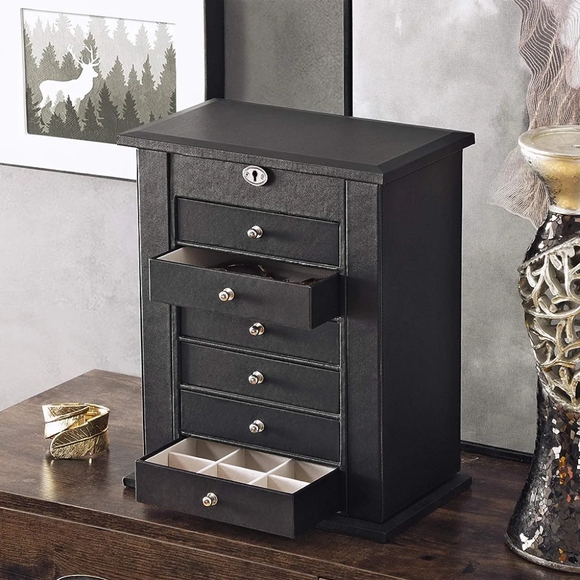 6 Tier Jewelry Box w/ Drawers, Mirror, Lock - Black Vegan Leather - Picture 2 of 7